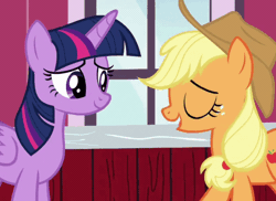 Size: 720x524 | Tagged: safe, derpibooru import, screencap, applejack, twilight sparkle, twilight sparkle (alicorn), alicorn, earth pony, pony, harvesting memories, spoiler:harvesting memories, spoiler:mlp friendship is forever, animated, cropped, cute, daaaaaaaaaaaw, duo, eye contact, eyes closed, female, gif, hug, image, jackabetes, looking at each other, looking at someone, mare, smiling, sweet apple acres, twiabetes