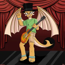 Size: 468x468 | Tagged: safe, artist:darkest-lunar-flower, derpibooru import, oc, oc:myoozik the dragon, unofficial characters only, dragon, anklet, bracelet, brown eyes, clothes, commission, curtains, dragon oc, glasses, green shirt, guitar, hat, image, jewelry, male, musical instrument, necklace, non-pony oc, pants, playing guitar, playing instrument, png, shorts, signature, solo, spread wings, standing, tail, toe ring, top hat, watermark, wings