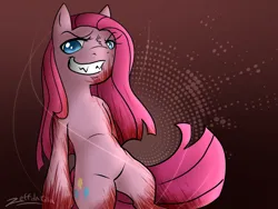 Size: 2000x1500 | Tagged: semi-grimdark, artist:zeffdakilla, derpibooru import, pinkie pie, earth pony, semi-anthro, abstract background, bipedal, blood, evil, evil grin, grin, image, implied death, looking at you, pinkamena diane pie, png, smiling, smiling at you, solo