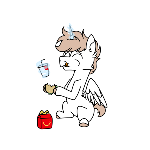 Size: 900x900 | Tagged: safe, artist:fuckomcfuck, derpibooru import, oc, oc:rat, alicorn, pony, burger, drink, eating, food, happy meal, image, mcdonald's, png, simple background, solo, transparent background