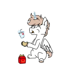 Size: 900x900 | Tagged: safe, artist:fuckomcfuck, derpibooru import, oc, oc:rat, alicorn, pony, burger, drink, eating, food, happy meal, image, mcdonald's, png, simple background, solo, transparent background