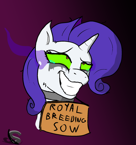 Size: 1385x1478 | Tagged: semi-grimdark, suggestive, artist:steelstroke, derpibooru import, rarity, unicorn, forced smile, hypnosis, image, internal screaming, mind control, png, sign, slavery, smiling, sombra eyes