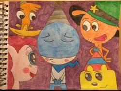 Size: 1024x768 | Tagged: safe, artist:captainlazloparadox, derpibooru import, pinkie pie, birthday, blushing, camp lazlo, chalkzone, crossover, hat, image, jpeg, lazlo, party hat, snap, wander (wander over yonder), wander over yonder, wow! wow! wubbzy!, wubbzy