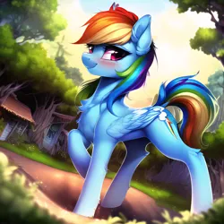 Size: 2560x2560 | Tagged: safe, derpibooru import, machine learning generated, rainbow dash, pegasus, pony, blushing, depth of field, female, forest, house, image, jpeg, looking at you, mare, raised hoof, sideways, smiling, solo, tree