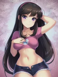 Size: 512x682 | Tagged: suggestive, derpibooru import, editor:sammykun, machine learning generated, novelai, stable diffusion, octavia melody, human, arm behind head, breasts, busty octavia melody, clothes, denim, denim shorts, hand on chest, humanized, image, jpeg, long hair, looking at you, midriff, reasonably sized breasts, shirt, shorts