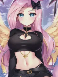 Size: 512x682 | Tagged: suggestive, derpibooru import, editor:sammykun, machine learning generated, novelai, stable diffusion, fluttershy, human, breasts, busty fluttershy, choker, clothes, goth, humanized, image, jewelry, jpeg, long hair, long sleeves, looking at you, midriff, sexy, wings