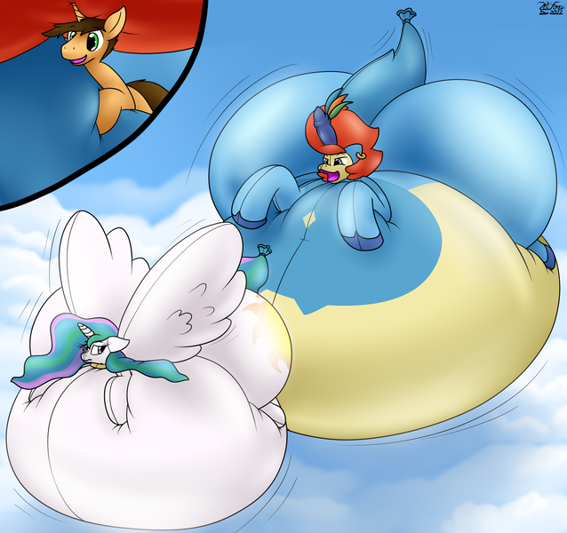 Size: 3192x3000 | Tagged: questionable, artist:the-furry-railfan, derpibooru import, princess celestia, oc, oc:bobby seas, oc:charles, inflatable pony, belly, big belly, butt, cloud, cloudy, floating, huge belly, huge butt, image, impossibly large belly, impossibly large butt, inflatable, inflated ears, inflated tail, inflated wings, inflation, large butt, parade balloon, png, pokémon, squishy, tail, wings