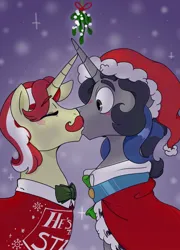 Size: 970x1350 | Tagged: safe, artist:dsstoner, artist:nerdforvampires, derpibooru import, idw, flam, king sombra, pony, unicorn, reflections, spoiler:comic, alternate universe, gay, good king sombra, image, jpeg, kissing, male, mirror universe, mistletoe