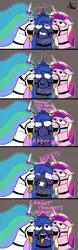 Size: 1600x5160 | Tagged: suggestive, derpibooru import, princess cadance, princess celestia, princess luna, alicorn, pony, bound together, comic, female, hypnosis, image, mare, mind control, muzzle, open mouth, pink eyes, png, resistance, tongue out