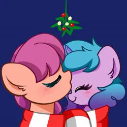 Size: 1285x1285 | Tagged: safe, artist:kittyrosie, derpibooru import, izzy moonbow, sunny starscout, earth pony, pony, unicorn, blue background, clothes, eyes closed, female, g5, image, izzyscout, jpeg, lesbian, mistleholly, scarf, shared clothing, shared scarf, shipping, simple background, striped scarf