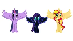 Size: 1280x720 | Tagged: safe, artist:alari1234-bases, artist:taionafan369, derpibooru import, sunset shimmer, twilight sparkle, twilight sparkle (alicorn), oc, oc:nyx, alicorn, pony, series:the chronicles of nyx, series:the next generation, series:the nyxian alliance, alicorn oc, alicornified, base artist:alari1234-bases, base artist:taionafan369, base used, base:alari1234-bases, base:taionafan369, female, horn, image, magically produced offspring, next generation, offspring, parent:twilight sparkle, png, race swap, recolor, shimmercorn, simple background, slit pupils, trio, trio female, turquose iris, turquose sclera, white background, wings
