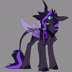 Size: 770x775 | Tagged: safe, artist:rockin_candies, derpibooru import, oc, unofficial characters only, changeling, hybrid, pony, chest fluff, fangs, female, glow, glowing eyes, gray background, horn, image, jpeg, leonine tail, magical lesbian spawn, offspring, parent:queen chrysalis, parent:twilight sparkle, simple background, smiling, solo, tail, wings