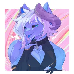Size: 2000x2000 | Tagged: safe, artist:januarylightsphere, derpibooru import, oc, oc:moosin, unofficial characters only, anthro, original species, bedroom eyes, black sclera, blue tongue, clothes, collar, femboy, gloves, horn, image, long gloves, male, muscles, muscular femboy, muscular male, png, skintight clothes, solo, tongue out
