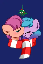 Size: 1380x2072 | Tagged: safe, artist:kittyrosie, derpibooru import, izzy moonbow, sunny starscout, earth pony, pony, unicorn, blue background, clothes, eyes closed, female, g5, image, izzyscout, lesbian, mistleholly, png, scarf, shared clothing, shared scarf, shipping, simple background, striped scarf