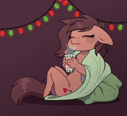 Size: 1100x1000 | Tagged: suggestive, artist:purplegrim40, derpibooru import, oc, anthro, earth pony, animated, blanket, chibi, chocolate, christmas, christmas lights, ear twitch, eyes closed, female, floppy ears, food, gif, holiday, hot chocolate, image, nudity, pillow, solo, solo female