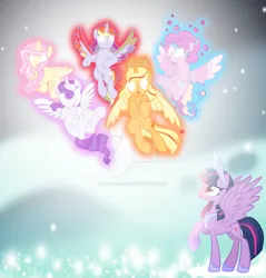 Size: 873x915 | Tagged: safe, artist:hate-love12, derpibooru import, applejack, fluttershy, pinkie pie, rainbow dash, rarity, twilight sparkle, twilight sparkle (alicorn), alicorn, pony, alicornified, applecorn, deviantart watermark, fluttercorn, glow, glowing eyes, image, jpeg, mane six alicorns, obtrusive watermark, pinkiecorn, race swap, rainbowcorn, raricorn, watermark, xk-class end-of-the-world scenario