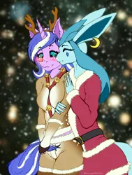 Size: 1488x1964 | Tagged: safe, artist:shamziwhite, derpibooru import, oc, oc:ripy, unofficial characters only, anthro, glaceon, blushing, christmas, christmas outfit, clothes, costume, female, harness, holiday, hug, image, kiss on the cheek, kissing, male, my little pony, outfit, png, pokémon, red nose, smiling, tack