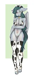 Size: 979x2160 | Tagged: suggestive, artist:miphassl, derpibooru import, oc, oc:midnight melody, unofficial characters only, anthro, bat pony, unguligrade anthro, bell, big breasts, blushing, breasts, clothes, cow horns, cowbell, cowprint, fangs, flustered, horns, image, jpeg, looking at you, simple background, socks, thigh highs