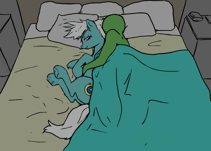 Size: 2304x1646 | Tagged: safe, artist:ara, color edit, edit, fleetfoot, oc, oc:anon, human, pegasus, pony, bed, colored, cuddling, female, human on pony snuggling, image, mare, pillow, png, snuggling, spooning, underhoof