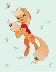 Size: 1592x2048 | Tagged: safe, artist:mindlessnik, derpibooru import, applejack, earth pony, pony, christmas, clothes, female, green background, holiday, holly, image, jpeg, looking at you, mare, open mouth, open smile, rearing, scarf, simple background, smiling, smiling at you, solo