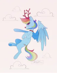 Size: 2100x2700 | Tagged: safe, artist:mindlessnik, derpibooru import, rainbow dash, pegasus, pony, animal costume, antlers, beige background, bell, bell collar, christmas, clothes, collar, costume, fake antlers, female, flying, grin, holiday, image, jpeg, mare, reindeer antlers, reindeer costume, reindeer dash, simple background, smiling, solo, underhoof
