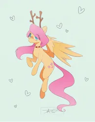 Size: 2100x2700 | Tagged: safe, artist:mindlessnik, derpibooru import, fluttershy, pegasus, pony, animal costume, antlers, bell, bell collar, christmas, clothes, collar, costume, eye clipping through hair, fake antlers, female, green background, holiday, image, jpeg, looking at you, mare, reindeer antlers, reindeer costume, simple background, smiling, smiling at you, solo