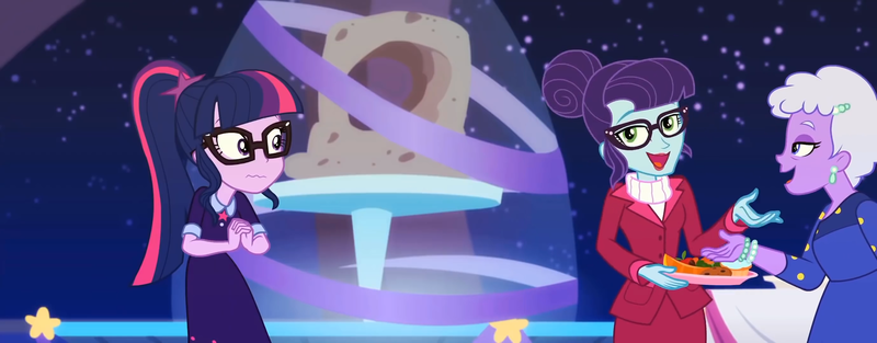 Size: 2760x1080 | Tagged: safe, composite screencap, derpibooru import, edit, edited screencap, screencap, rosette nebula, sci-twi, twilight sparkle, equestria girls, equestria girls series, twilight under the stars, spoiler:eqg series (season 2), bracelet, clothes, cupcake, dress, ear piercing, earring, female, food, glasses, hair bun, hors d'oeuvre, image, jewelry, piercing, png, ponytail, sci-twi outfits, wavy mouth