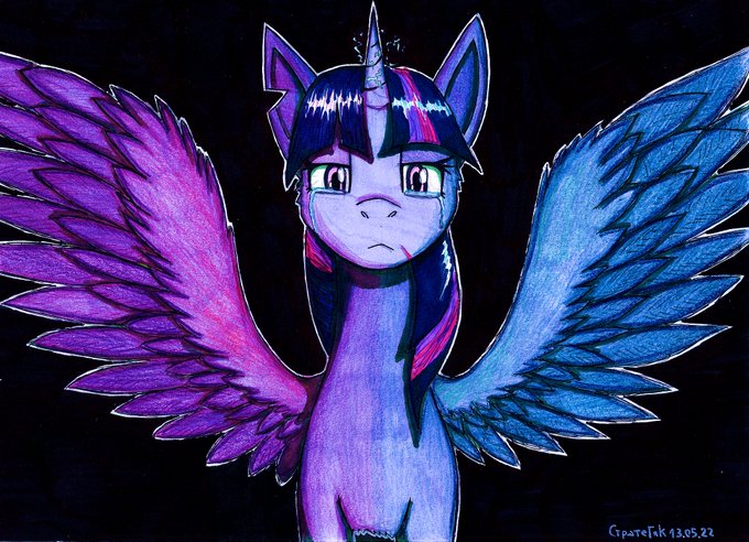 Size: 680x492 | Tagged: safe, derpibooru import, twilight sparkle, twilight sparkle (alicorn), alicorn, pony, black background, crying, cut, female, image, injured, jpeg, looking at you, mare, multicolored mane, purple coat, purple eyes, sad, signature, simple background, solo, spread wings, torn ear, wing fluff, wings