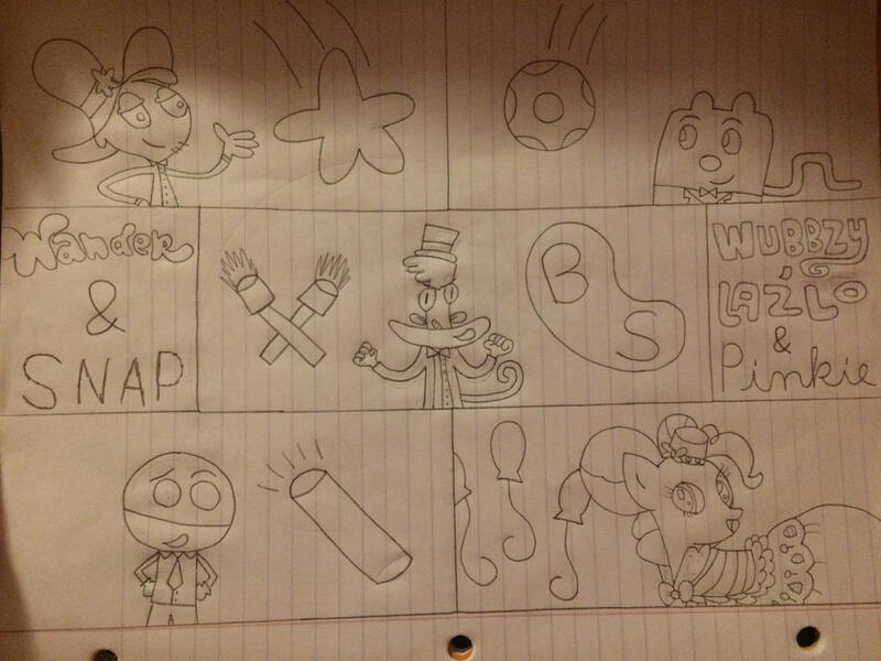 Size: 1024x768 | Tagged: safe, artist:captainlazloparadox, derpibooru import, pinkie pie, camp lazlo, chalkzone, crossover, image, jpeg, lazlo, lined paper, snap, traditional art, wander (wander over yonder), wander over yonder, wow! wow! wubbzy!, wubbzy