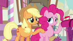 Size: 1280x720 | Tagged: safe, derpibooru import, screencap, applejack, pinkie pie, pony, wonderbolts academy, applejack's hat, cowboy hat, hat, image, mailbox, png, shoulder touch