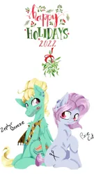 Size: 1114x2064 | Tagged: safe, artist:alazak, derpibooru import, edit, pixie cut (idw), zephyr breeze, earth pony, pegasus, pony, 2022, christmas, december, duo, female, friendship, happy holidays, hearth's warming, holiday, image, kiss mark, lipstick, looking at each other, looking at someone, lyrics in the description, male, mare, mistletoe, pixiebreeze, png, song reference, stallion, youtube link in the description, zephyrcut