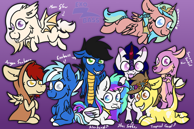 Size: 3000x2000 | Tagged: safe, artist:exobass, derpibooru import, oc, oc:argon sunborn, oc:exobass, oc:hammonia, oc:moon glow, oc:star seeker, oc:starburst, oc:summer sorbet, oc:tropical coral, alicorn, bat pony, deer, dragon, kirin, pegasus, pony, chibi, derg, furry, image, orcapony, png, scallie