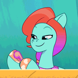 Size: 720x720 | Tagged: safe, derpibooru import, screencap, earth pony, pony, filly filling, my little pony: tell your tale, spoiler:g5, spoiler:my little pony: tell your tale, spoiler:tyts01e33, animated, female, g5, gif, image, jazz (g5), mare, nail file, smiling, solo, youtube link