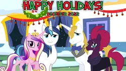 Size: 2064x1161 | Tagged: safe, anonymous artist, artist:90sigma, derpibooru import, prince blueblood, princess cadance, shining armor, tempest shadow, alicorn, unicorn, 2022, berryblood, canterlot, christmas, december, female, friendship, happy holidays, hearth's warming, holiday, image, male, png, shiningcadance, shipping, song reference, straight, youtube link in the description