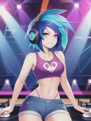 Size: 512x682 | Tagged: suggestive, derpibooru import, editor:sammykun, machine learning generated, stable diffusion, vinyl scratch, human, equestria girls, breasts, busty vinyl scratch, clothes, concert, denim, denim shorts, festival, humanized, image, jpeg, lights, looking at you, midriff, music festival outfit, rave, reasonably sized breasts, shirt, shorts, smiling