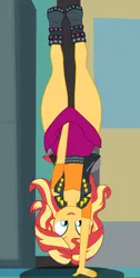 Size: 1900x3761 | Tagged: safe, artist:gmaplay, derpibooru import, sunset shimmer, human, equestria girls, chisato challenge, clothes, denied, handstand, image, open mouth, open smile, png, skirt, skirt pull, smiling, solo, upside down