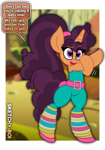 Size: 2800x4000 | Tagged: safe, artist:snakeythingy, derpibooru import, saffron masala, pony, unicorn, barbie, bipedal, clothes, cosplay, costume, crossover, dialogue, exercise, fitness, image, open mouth, open smile, png, ponytail, smiling, speech bubble, sweat, toy story