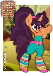 Size: 2800x4000 | Tagged: safe, artist:snakeythingy, derpibooru import, saffron masala, pony, unicorn, barbie, bipedal, clothes, cosplay, costume, crossover, dialogue, exercise, fitness, image, open mouth, open smile, png, ponytail, smiling, speech bubble, sweat, toy story