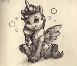 Size: 756x643 | Tagged: safe, artist:itssim, derpibooru import, sunny starscout, earth pony, pony, my little pony: a new generation, alicorn costume, clothes, costume, fake horn, fake wings, g5, image, jpeg, pencil drawing, sitting, smiling, traditional art