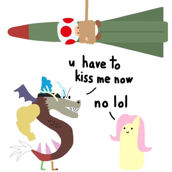 Size: 1000x1000 | Tagged: safe, artist:2merr, ponerpics import, discord, fluttershy, draconequus, :), blob ponies, dialogue, dot eyes, drawthread, female, homestar runner, image, male, missile, png, pun, requested art, rope, simple background, smiley face, smiling, super mario bros., tied up, toad (mario bros), trogdor, visual pun, white background