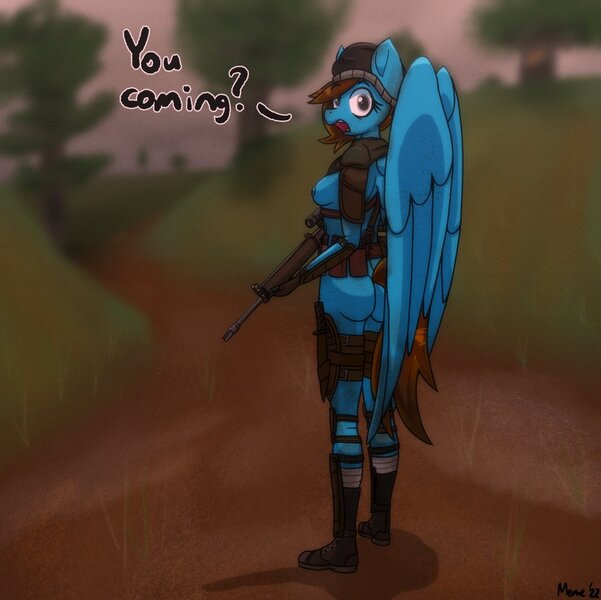 Size: 900x899 | Tagged: questionable, artist:memeancholy, derpibooru import, oc, oc:penstroke, anthro, pegasus, pony, female, gun, image, jpeg, mare, nudity, speech bubble, weapon