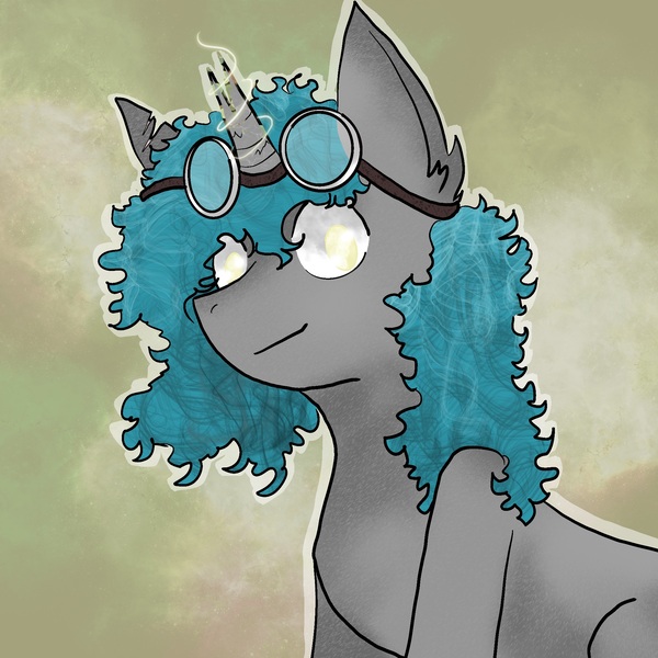 Size: 2048x2048 | Tagged: safe, artist:thezeranova, derpibooru import, oc, unofficial characters only, pony, unicorn, abstract background, blind, blue hair, blue mane, broken horn, character, curly hair, digital art, drawing, goggles, goggles on head, gray coat, horn, image, jpeg, magic, pony oc, procreate app, yellow eyes