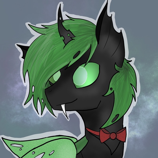 Size: 2048x2048 | Tagged: safe, artist:thezeranova, derpibooru import, oc, unofficial characters only, changeling, unicorn, abstract background, bowtie, bust, changeling oc, green eyes, green hair, happy, horn, image, jpeg, portrait, sharp teeth, smiling, teeth