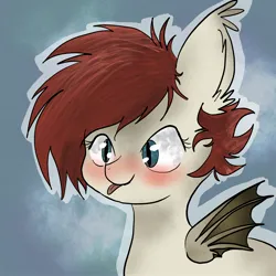 Size: 2048x2048 | Tagged: safe, artist:thezeranova, derpibooru import, oc, unofficial characters only, bat pony, pony, abstract background, baby, baby pony, bat pony oc, bat wings, child, cute, fluffy, foal, image, jpeg, red hair, tongue out, wings