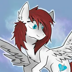Size: 2048x2048 | Tagged: safe, artist:thezeranova, derpibooru import, oc, unofficial characters only, pegasus, pony, abstract background, blue eyes, bust, cutie mark, digital art, drawing, image, jpeg, next generation, pony oc, portrait, procreate app, red hair, red mane, white fur, wings