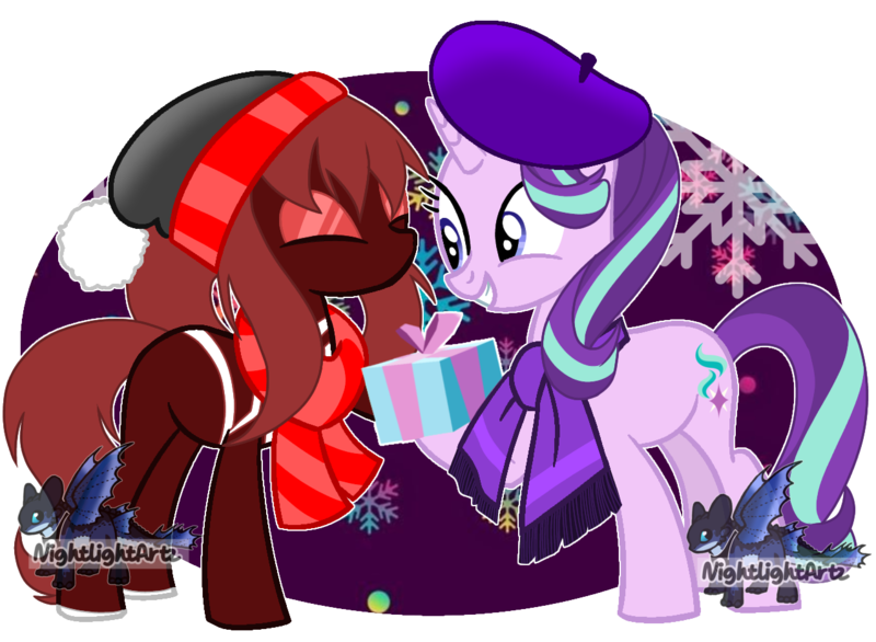 Size: 1280x937 | Tagged: safe, artist:ashakalovsky, artist:nightlightartz, derpibooru import, starlight glimmer, ponified, earth pony, pony, unicorn, beanie, beret, christmas, clothes, commission, crossover, cute, duo, glimmerbetes, grin, hat, holiday, image, marvel, mary jane watson, png, present, raised hoof, scarf, smiling, spider-man, spider-woman, striped scarf, superhero, superhero costume, ych result