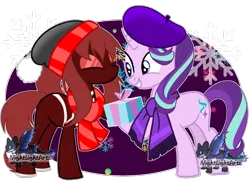 Size: 1280x937 | Tagged: safe, artist:ashakalovsky, artist:nightlightartz, derpibooru import, starlight glimmer, ponified, earth pony, pony, unicorn, beanie, beret, christmas, clothes, commission, crossover, cute, duo, glimmerbetes, grin, hat, holiday, image, marvel, mary jane watson, png, present, raised hoof, scarf, smiling, spider-man, spider-woman, striped scarf, superhero, superhero costume, ych result