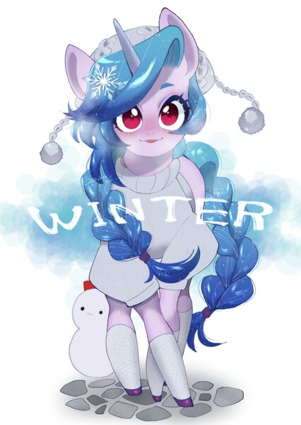 Size: 2911x4096 | Tagged: safe, artist:potetecyu_to, derpibooru import, izzy moonbow, pony, unicorn, clothes, cute, female, g5, hat, high res, image, izzybetes, jpeg, looking at you, mare, smiling, smiling at you, snowman, socks, solo, sweater, text, winter, winter outfit