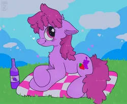 Size: 2026x1657 | Tagged: safe, artist:spookyfoxinc, derpibooru import, berry punch, berryshine, earth pony, pony, alcohol, background, background pony, cloud, cloudy, drunk, female, fluffy, go home you're drunk, grass, image, jpeg, mare, scenery, sitting, solo, wine