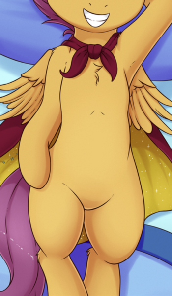 Size: 595x1020 | Tagged: safe, artist:fearingfun, derpibooru import, edit, scootaloo, pegasus, pony, belly, cape, clothes, cmc cape, cropped, cute, cutealoo, image, lying down, pictures of bellies, png, smiling, solo